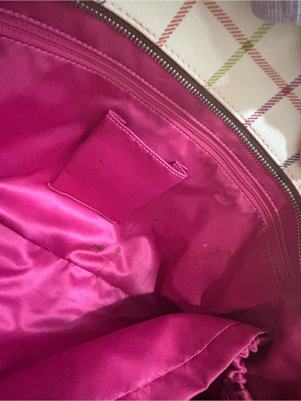 Coach Cream Plaid Canvas Tote with Pink Center Stripe and Tan Trim - Picture 12 of 14